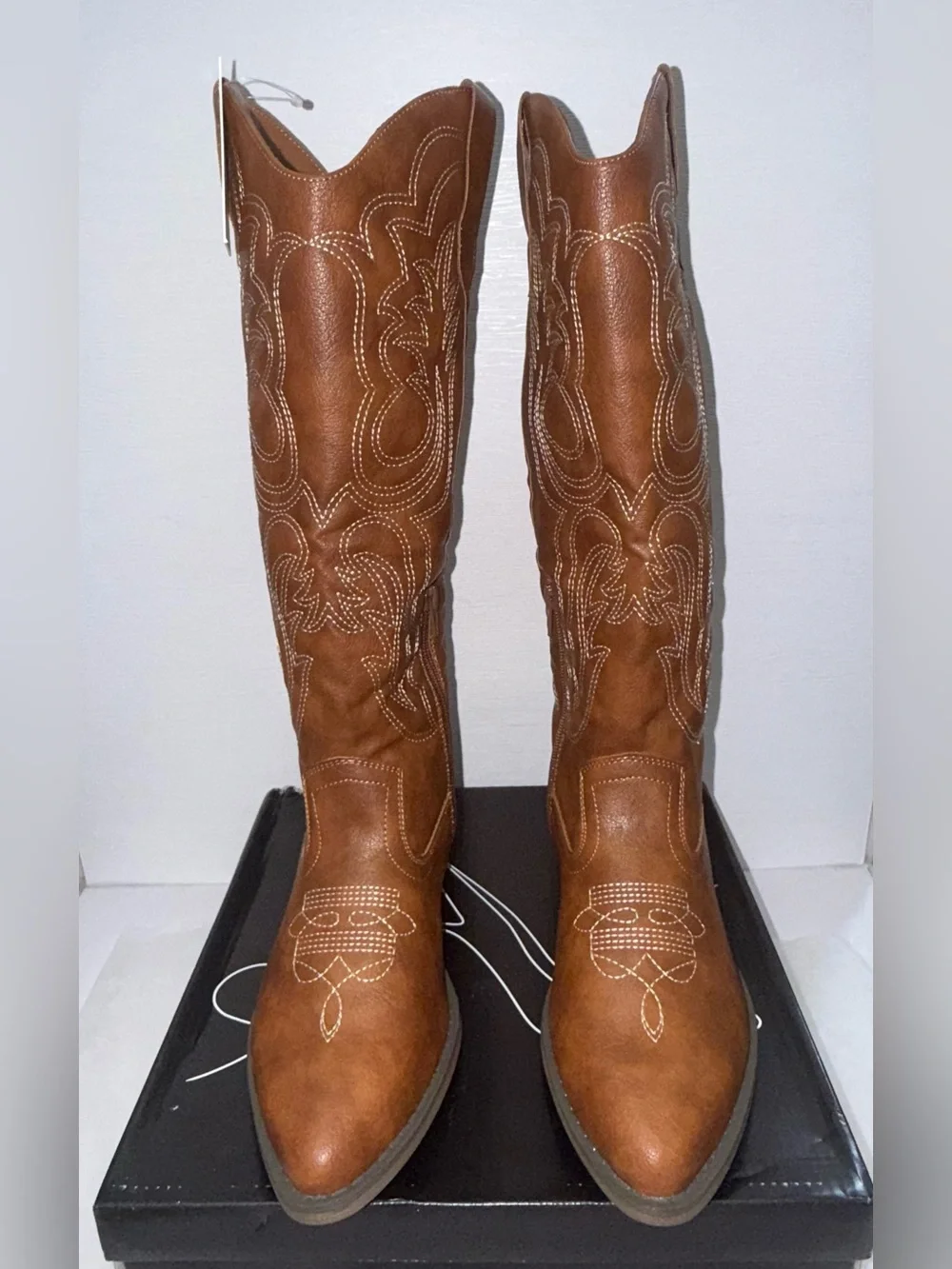 mysoft Embroidered Mid-Calf Cowboy Boots Pointed Toe BlockHeel Size 7.5